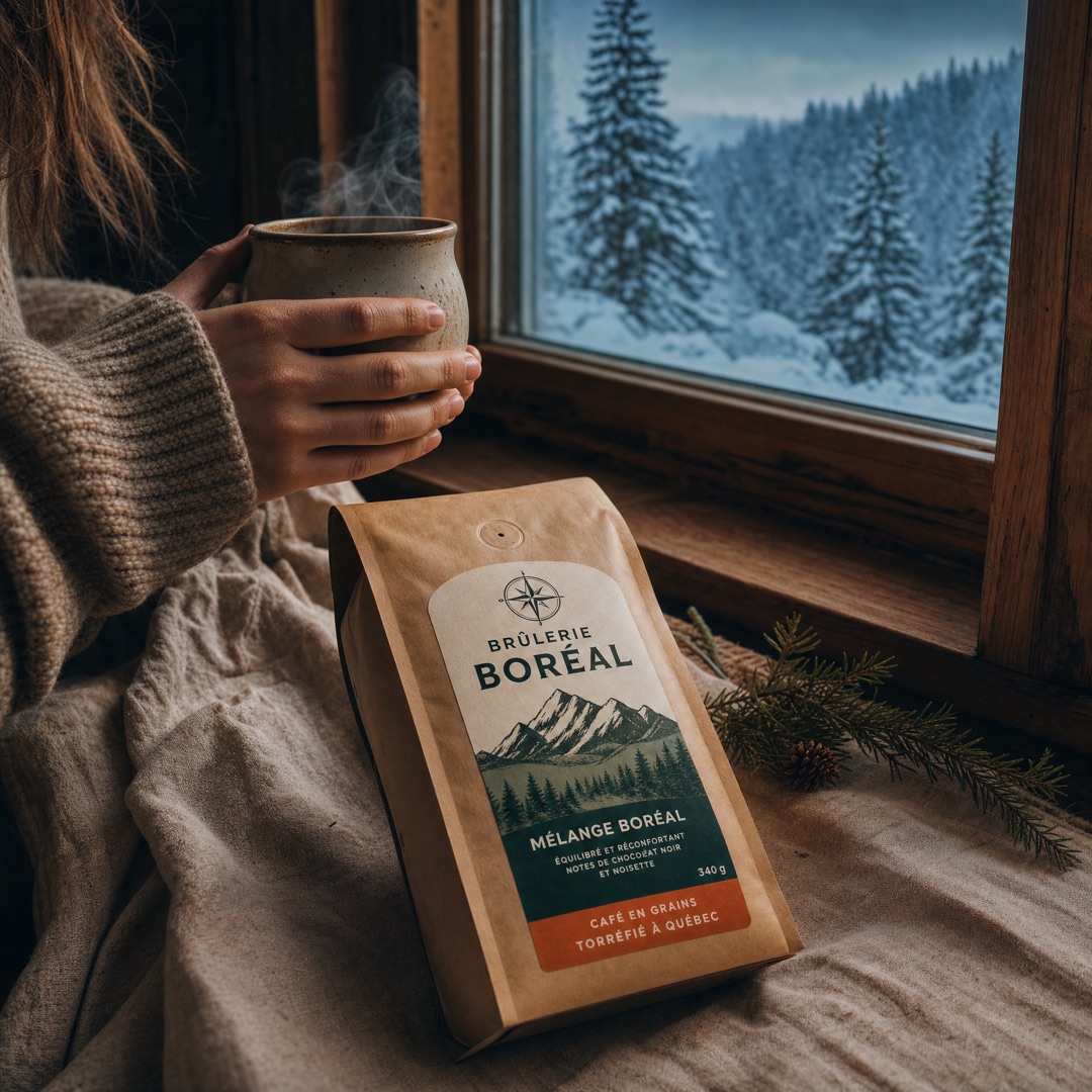 Créatif publicitaire Meta — ambiance cosy d’hiver, personne tenant une tasse, sac Brûlerie Boréal torréfié à Québec