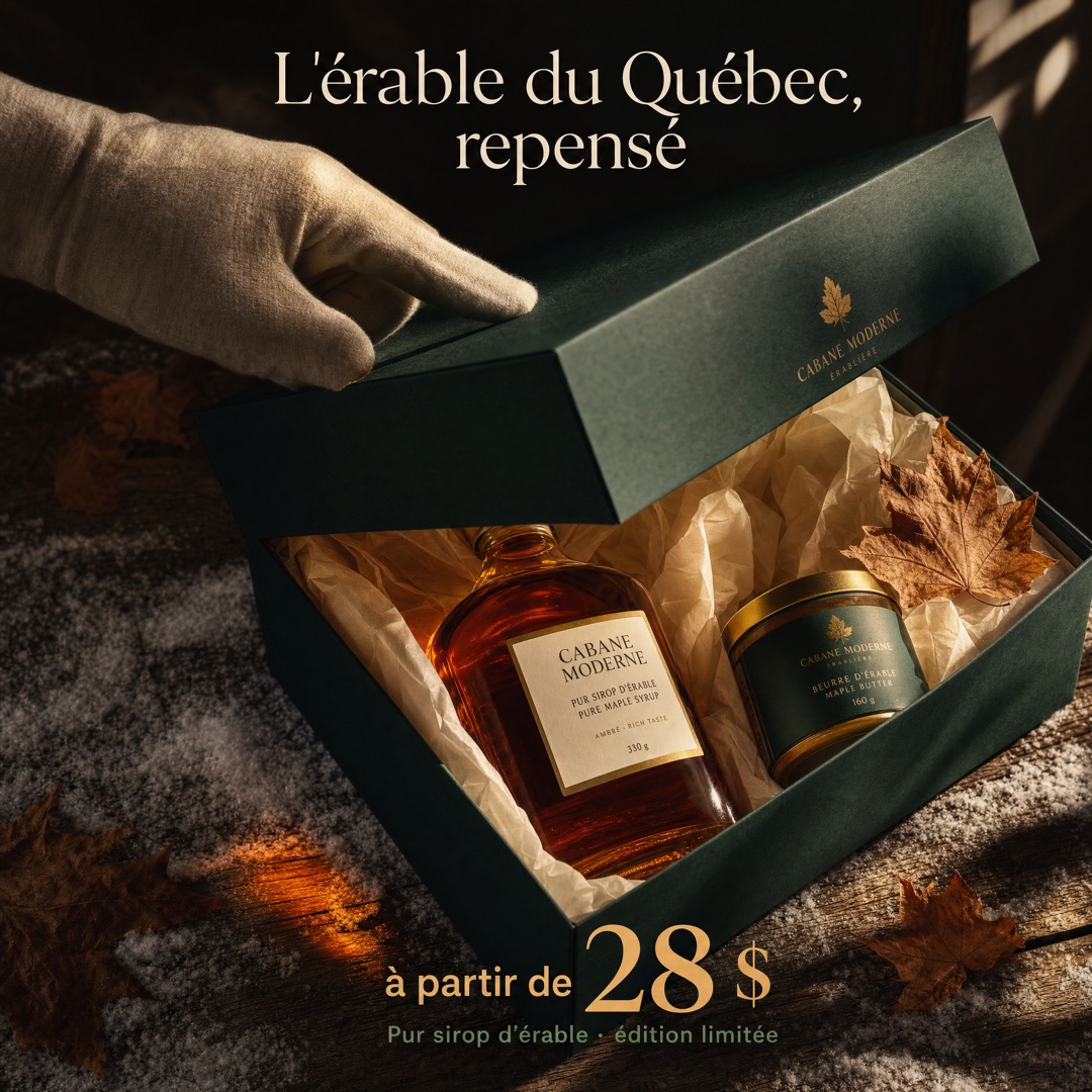 Créatif publicitaire Meta — coffret cadeau Cabane Moderne avec sirop et beurre d’érable, à partir de 28 $