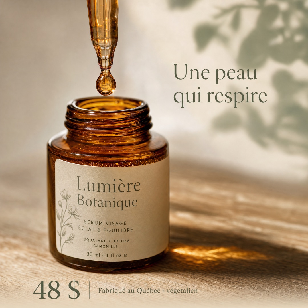 Créatif publicitaire Meta — pot de sérum Lumière Botanique avec accroche « Une peau qui respire »